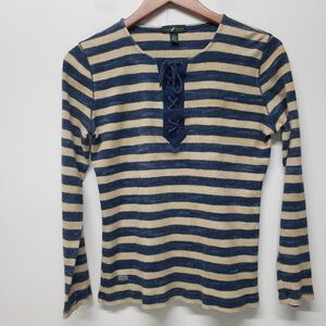 LRL Lauren Jeans Co Long Sleeve Thermal Breton Stripes Top Medium Y2K Nautical